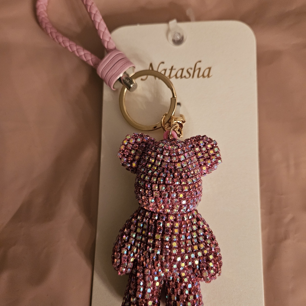 Natasha Couture Pink Crystal Large Bear Key Or Bag Charm